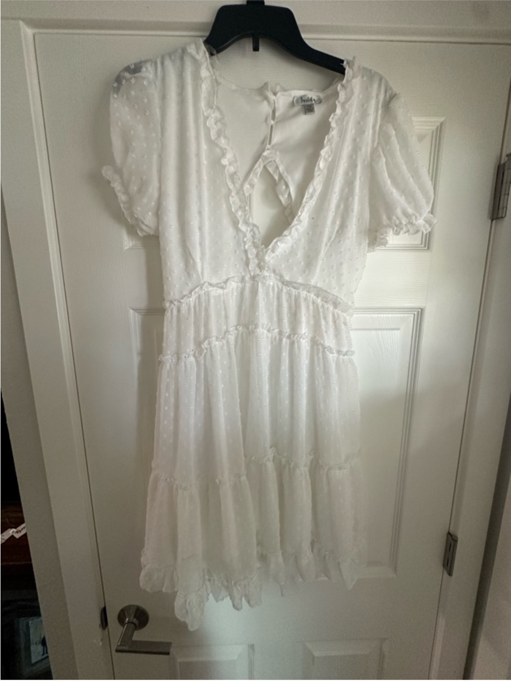 Justify White Swiss Dot Ruffle Tiered Mini Dress